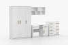 Weißes Jugendzimmer-Set mit Griffen in Eichenoptik, Möbelset mit Schrank, Schreibtisch und Regal.