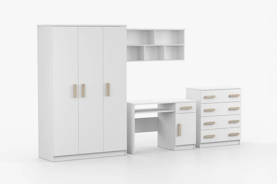 Weißes Jugendzimmer-Set mit Griffen in Eichenoptik, Möbelset mit Schrank, Schreibtisch und Regal.
