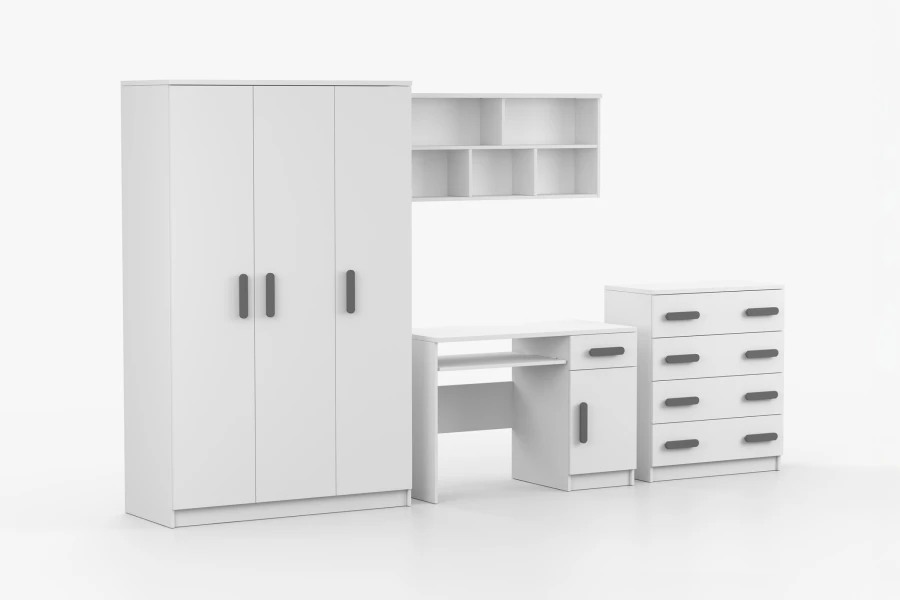 Weißes Kinderzimmer-Set mit grauen Griffen: Schrank, Schreibtisch, Regal und Kommode.