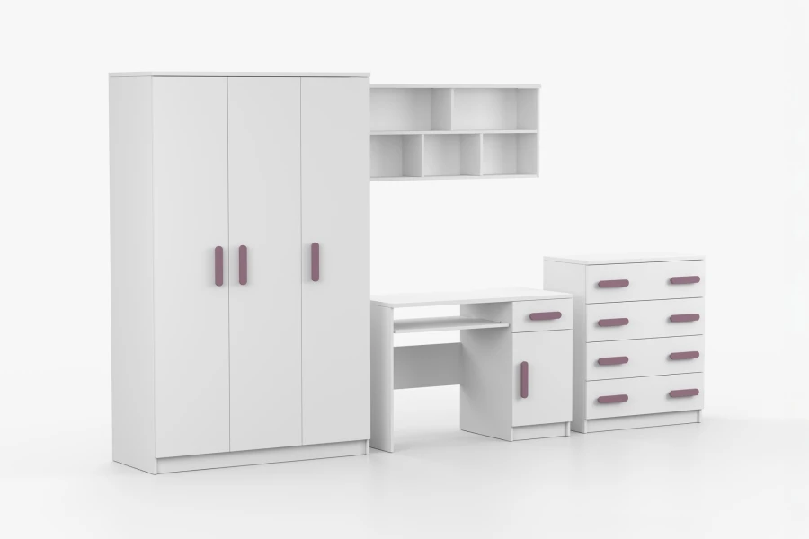 Weißes Jugendzimmer-Set mit lila Griffen: Schrank, Schreibtisch, Regal und Kommode.