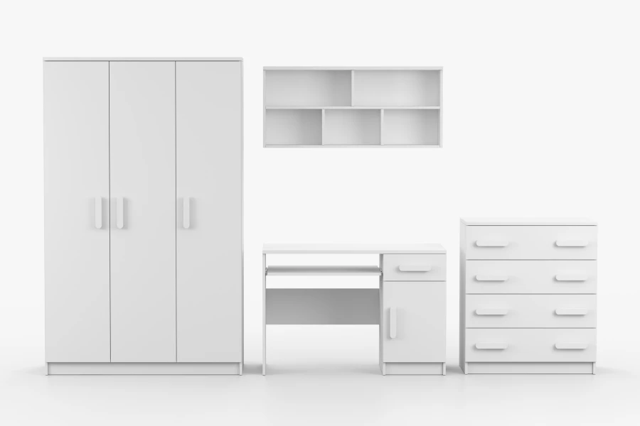 Weißes Kinderzimmer-Set komplett: Kleiderschrank, Schreibtisch, Wandregal und Kommode.