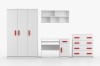 Weißes Möbelset für Kinderzimmer mit roten Griffen: Schrank, Schreibtisch, Regal, Kommode.