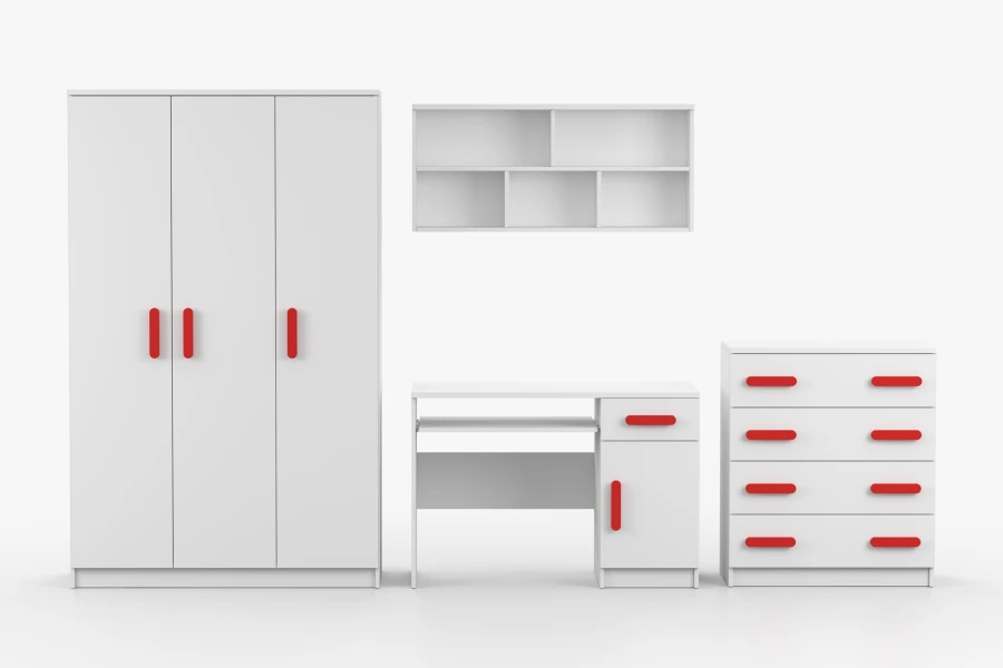 Weißes Möbelset für Kinderzimmer mit roten Griffen: Schrank, Schreibtisch, Regal, Kommode.