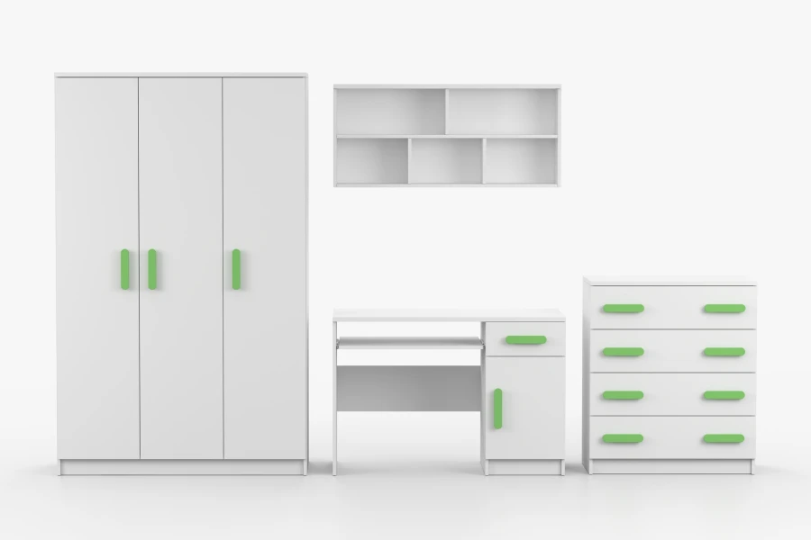 Weißes Jugendzimmer-Set mit grünen Griffen: Schrank, Schreibtisch, Regal und Kommode.
