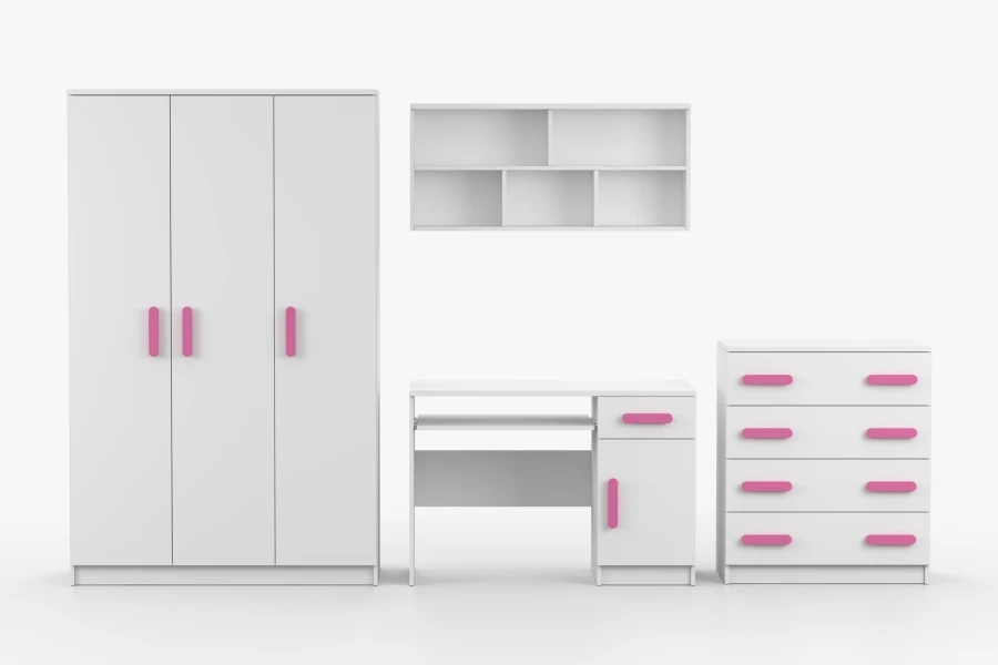 Kinderzimmer-Möbelset weiß mit rosa Griffen: Kleiderschrank, Schreibtisch, Kommode und Wandregal.