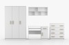 Kinderzimmer-Möbelset weiß mit Holz-Optik-Griffen: Kleiderschrank, Schreibtisch, Kommode und Regal.