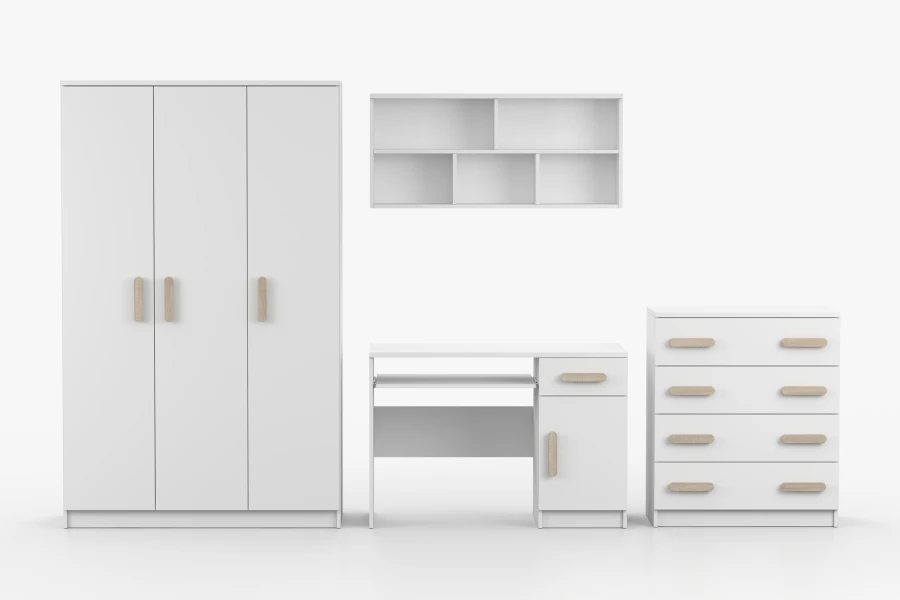Kinderzimmer-Möbelset weiß mit Holz-Optik-Griffen: Kleiderschrank, Schreibtisch, Kommode und Regal.
