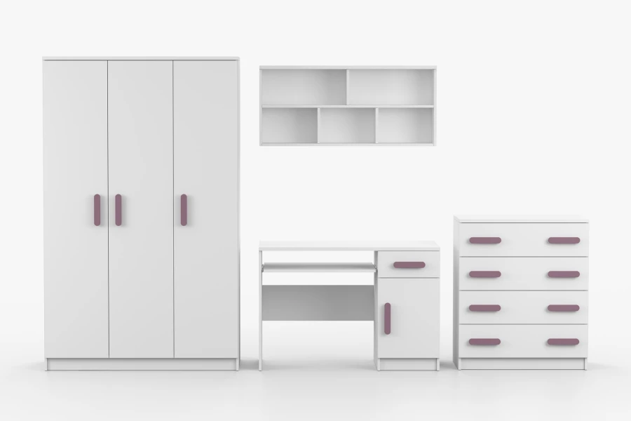 Kinderzimmer-Möbelset weiß mit lila Griffen: Kleiderschrank, Schreibtisch, Kommode und Wandregal.