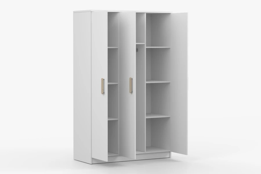 Kleiderschrank weiß 3-türig, offene Türen zeigen Inneneinteilung mit Fächern und Kleiderstange.