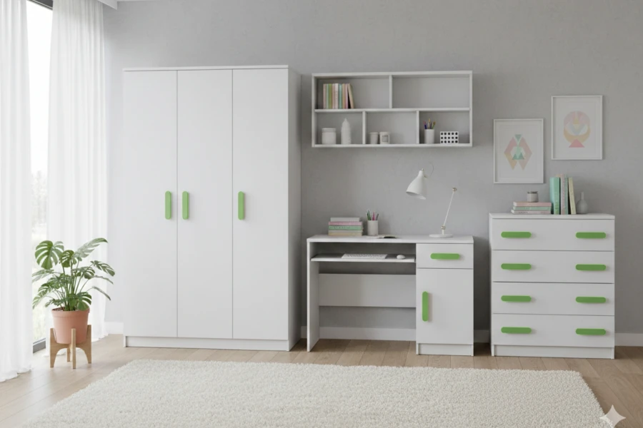 Weißes Kinderzimmer-Set mit grünen Griffen bestehend aus Kleiderschrank, Schreibtisch und Kommode.