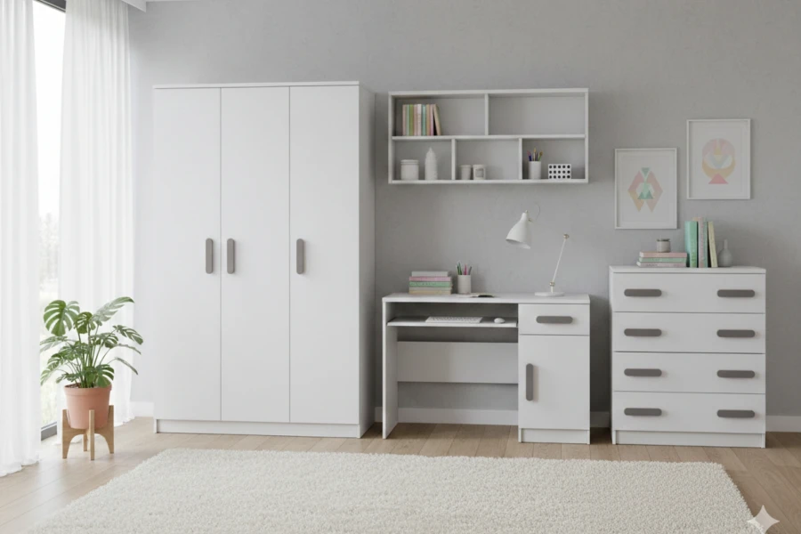 Jugendzimmer Möbel-Set in Weiß mit grauen Akzenten: Kleiderschrank, Schreibtisch und Kommode.