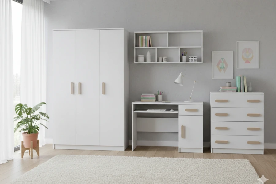 Komplettes Kinderzimmer-Set in Weiß mit Holz-Griffen: Kleiderschrank, Schreibtisch und Kommode.