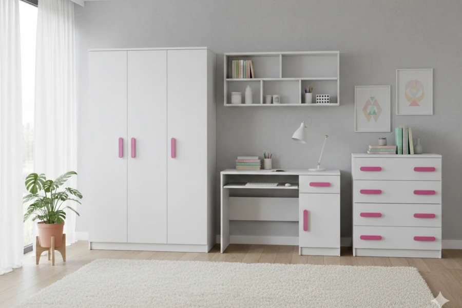 Weißes Kinderzimmer-Set für Mädchen mit rosa Griffen: Kleiderschrank, Schreibtisch und Kommode.