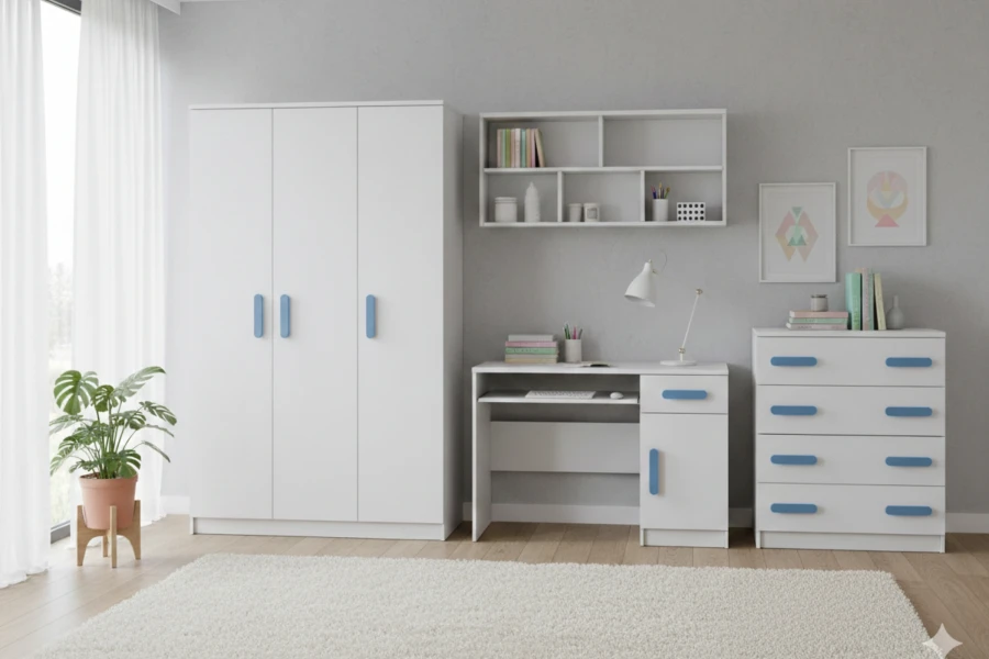 Weißes Kinderzimmer-Set mit Kleiderschrank, Schreibtisch und Kommode, blaue Griffe.