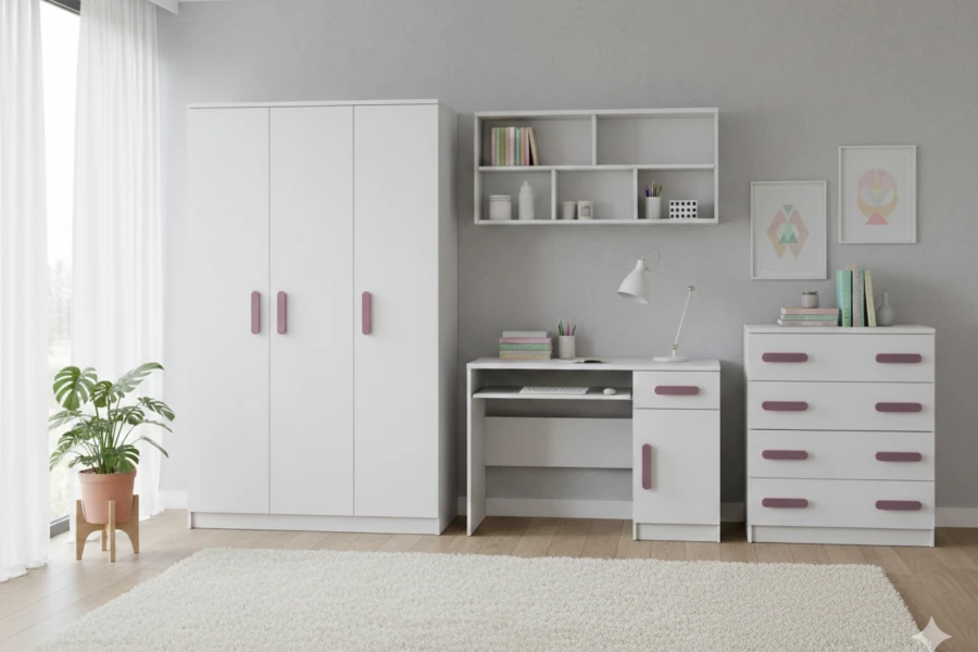 Modernes Kinderzimmer-Möbelset in Weiß mit lila Griffen, Schrank und Schreibtisch.