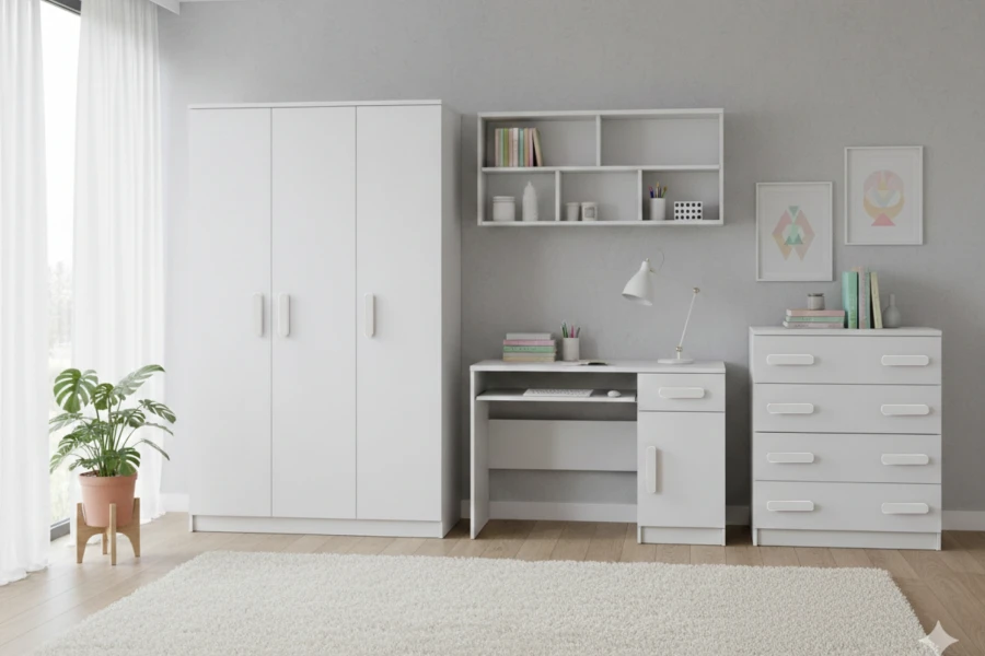 Komplettes Kinderzimmer-Set ganz in Weiß, bestehend aus Schrank, Kommode und Tisch.