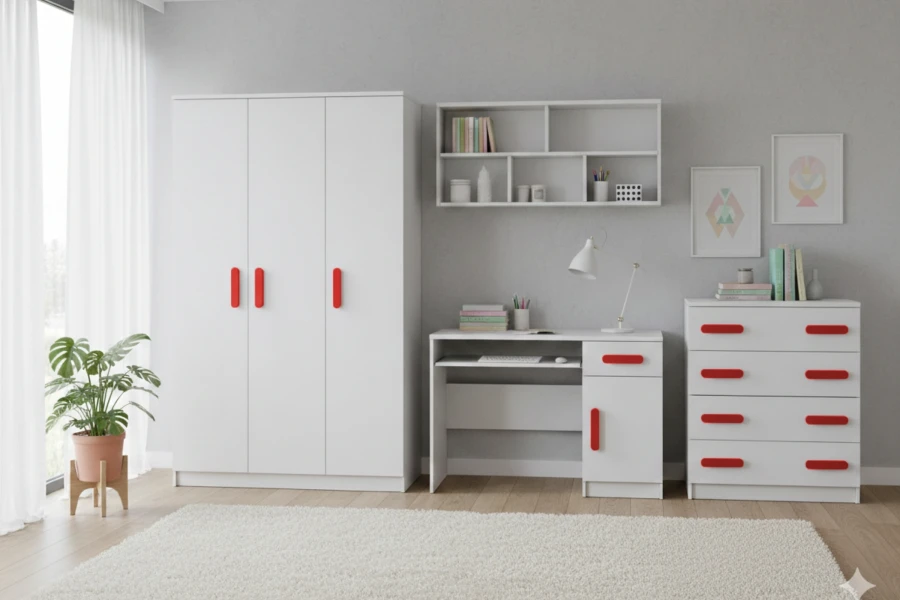 Weißes Jugendzimmer-Möbelset mit roten Griffen, Kleiderschrank und Kommoden-Set.