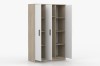 Geöffneter 3-türiger Kleiderschrank in Eiche-Optik und Weiß mit vielen Regalfächern.
