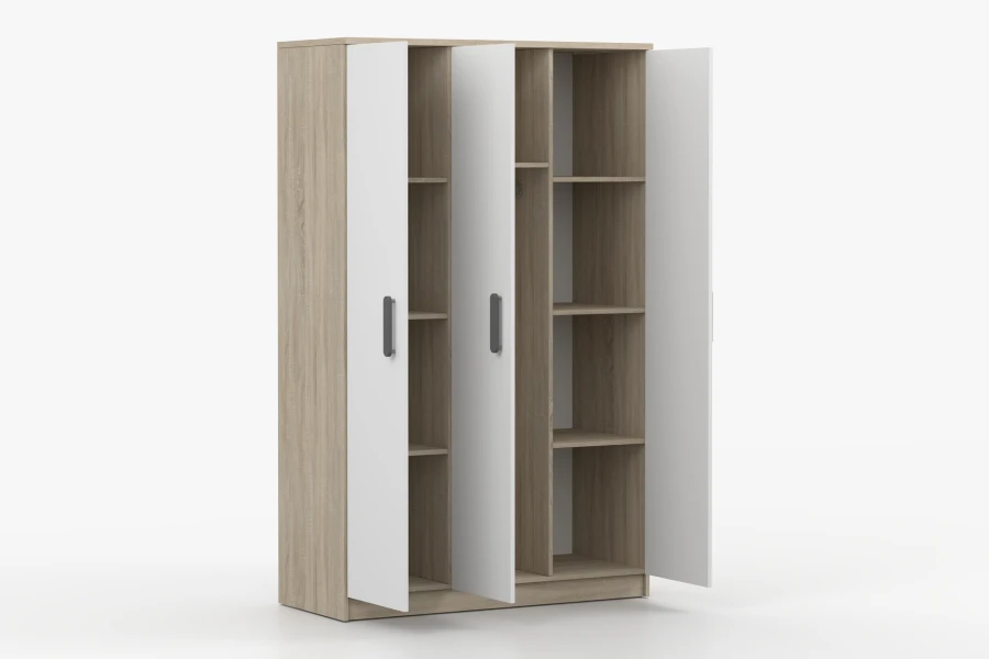 Geöffneter 3-türiger Kleiderschrank in Eiche-Optik und Weiß mit vielen Regalfächern.