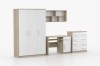 Modernes Jugendzimmer-Set in Weiß und Eiche mit Kleiderschrank, Schreibtisch, Kommode und Wandregal.