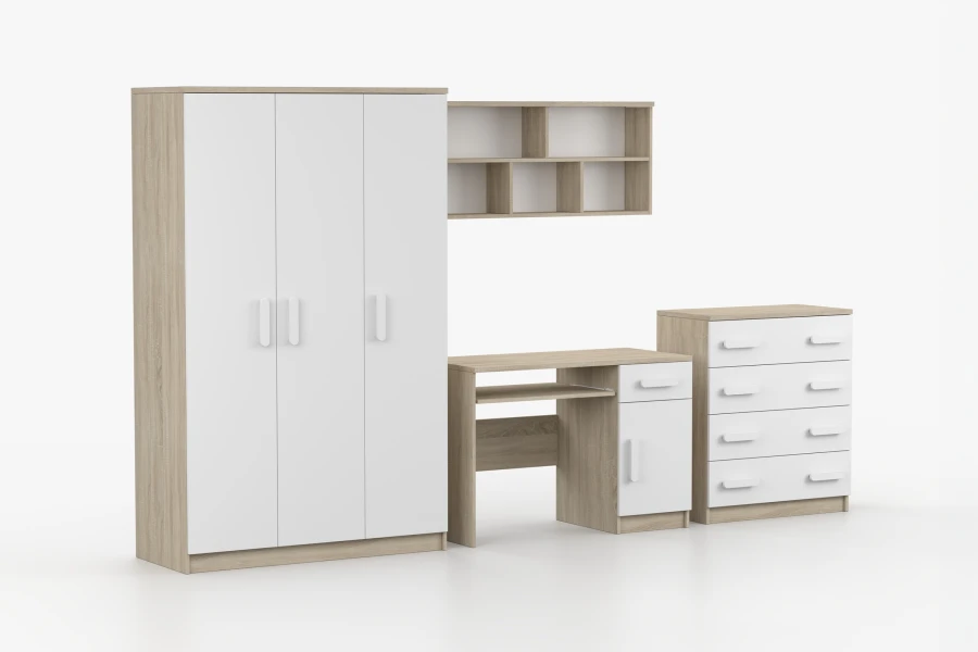 Modernes Jugendzimmer-Set in Weiß und Eiche mit Kleiderschrank, Schreibtisch, Kommode und Wandregal.