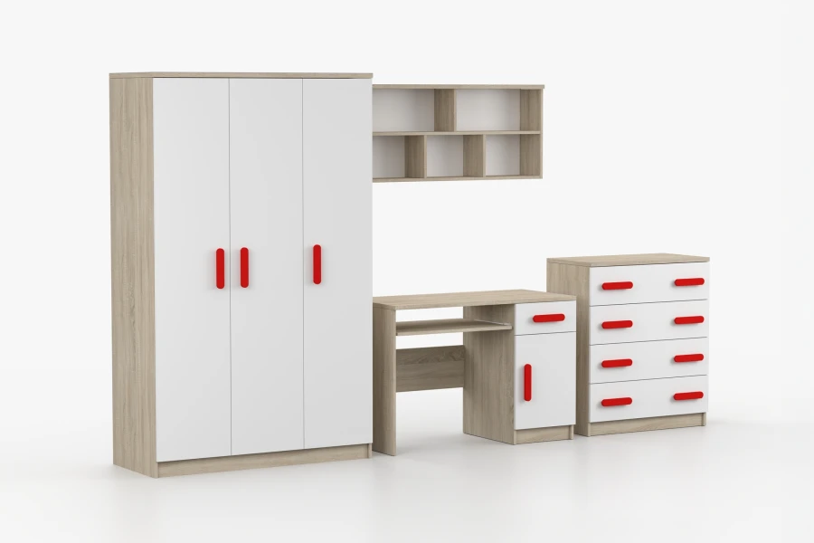 4-teiliges Kinderzimmer-Möbelset in Sonoma Eiche und Weiß mit roten Griffen für Kleiderschrank und Kommode.