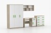 Jugendzimmer-Set in Eiche-Optik und Weiß mit grünen Griffen: Schrank, Schreibtisch, Kommode und Regal.