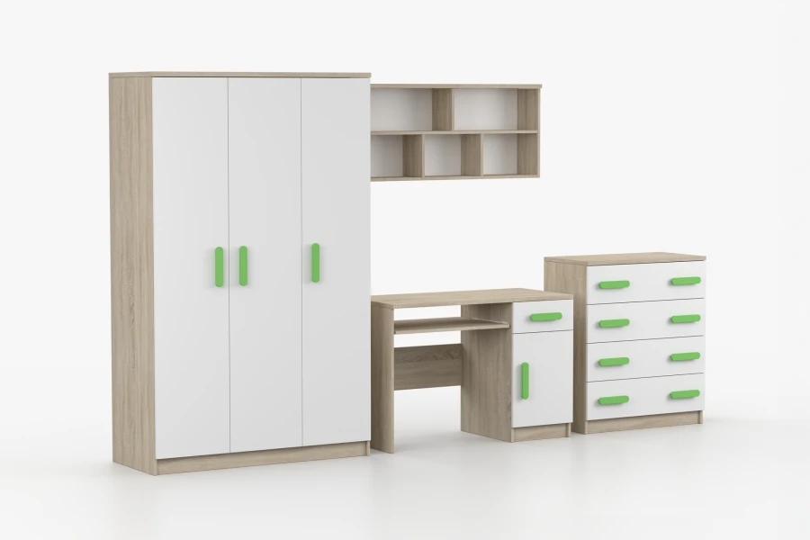 Jugendzimmer-Set in Eiche-Optik und Weiß mit grünen Griffen: Schrank, Schreibtisch, Kommode und Regal.
