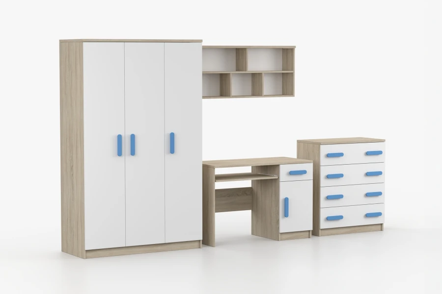 Möbelset für das Jugendzimmer in Eiche und Weiß mit blauen Griffen an Kleiderschrank und Kommode.