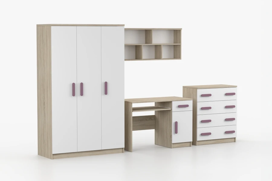 Möbelset Jugendzimmer Weiß Eiche mit lila Griffen, inklusive Schrank und Schreibtisch.