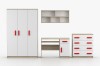 Möbelset Kinderzimmer Weiß Eiche mit roten Griffen, Frontansicht Schrank und Schreibtisch.