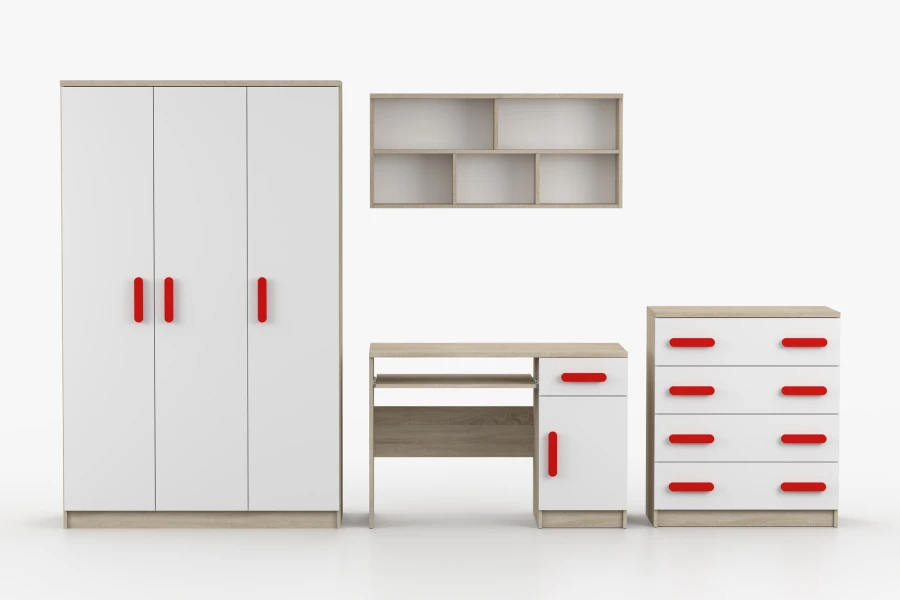 Möbelset Kinderzimmer Weiß Eiche mit roten Griffen, Frontansicht Schrank und Schreibtisch.