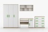 Möbelset für Kinderzimmer in Weiß und Eiche mit grünen Griffen: Schrank, Schreibtisch, Regal und Kommode.