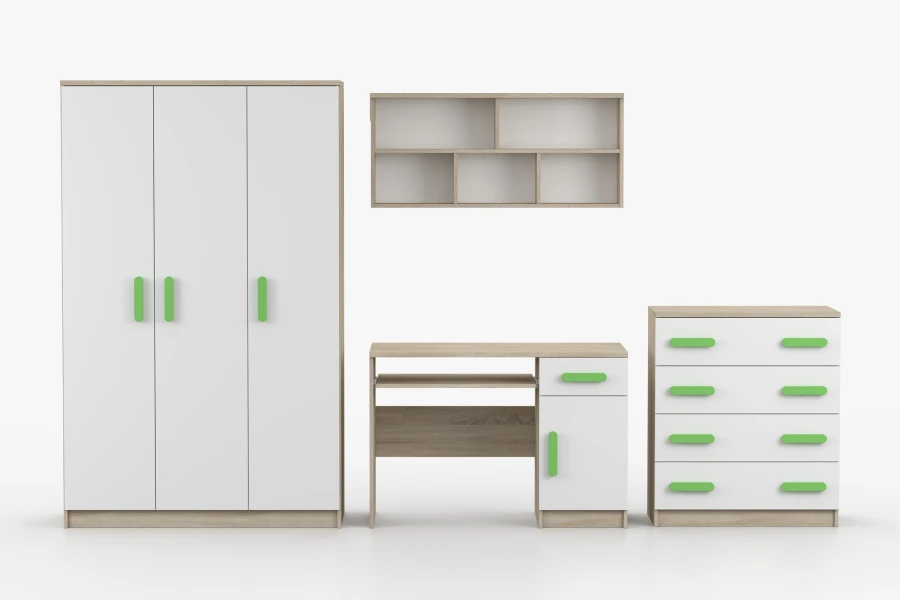 Möbelset für Kinderzimmer in Weiß und Eiche mit grünen Griffen: Schrank, Schreibtisch, Regal und Kommode.