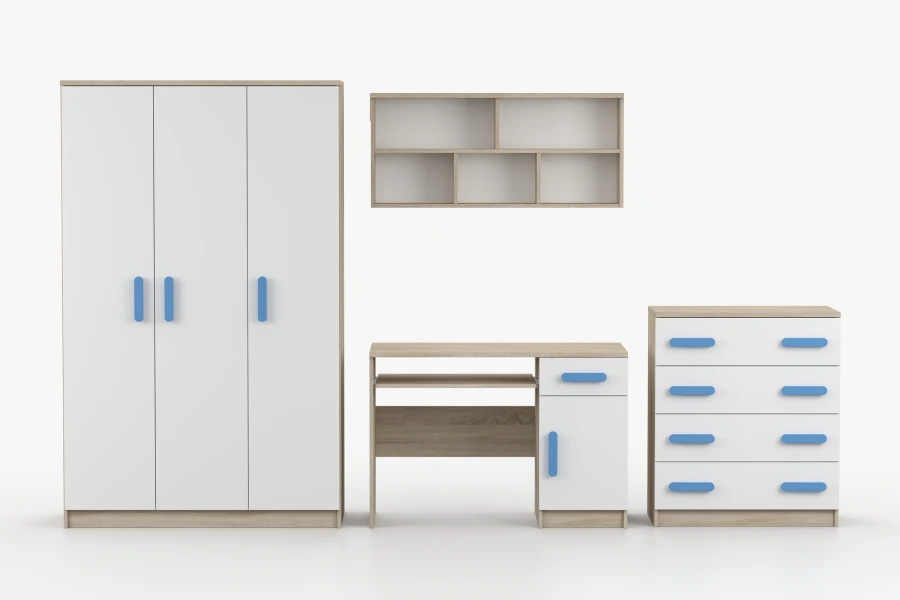 Kinderzimmer Möbelset in Weiß und Eiche mit blauen Griffen: Schrank, Schreibtisch, Regal und Kommode.