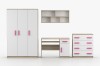 Jugendzimmer Set in Weiß und Eiche mit pinken Griffen: Kleiderschrank, Schreibtisch, Regal und Kommode.