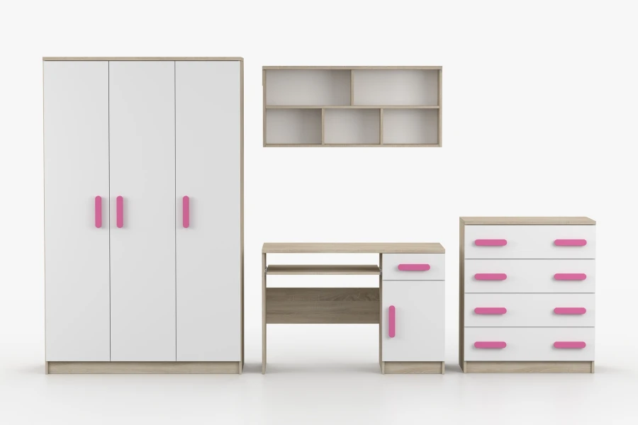 Jugendzimmer Set in Weiß und Eiche mit pinken Griffen: Kleiderschrank, Schreibtisch, Regal und Kommode.