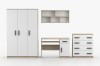 Komplett-Set Kinderzimmer in Weiß und Eiche mit grauen Griffen: Schrank, Schreibtisch, Regal und Kommode.