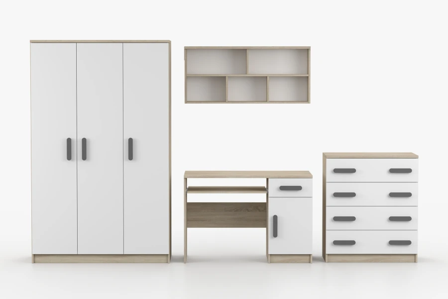 Komplett-Set Kinderzimmer in Weiß und Eiche mit grauen Griffen: Schrank, Schreibtisch, Regal und Kommode.