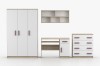 4-teiliges Jugendzimmer Set in Weiß und Eiche mit lila Griffen: Schrank, Schreibtisch, Regal und Kommode.