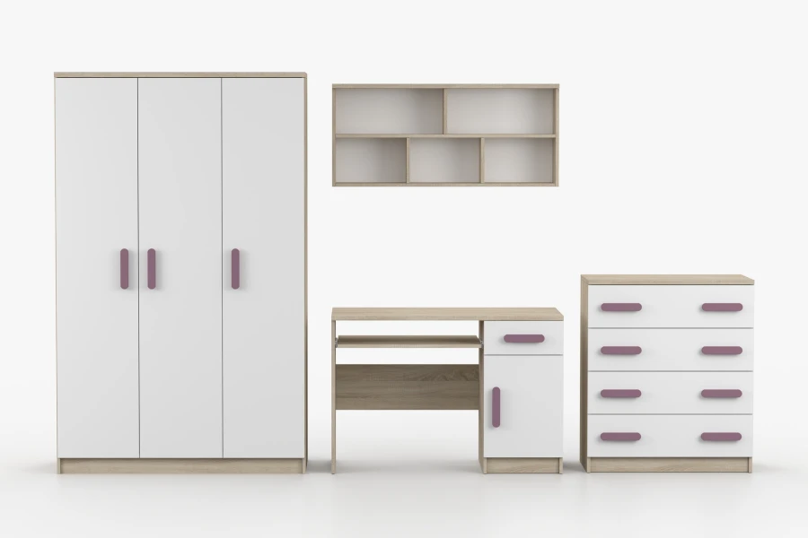 4-teiliges Jugendzimmer Set in Weiß und Eiche mit lila Griffen: Schrank, Schreibtisch, Regal und Kommode.