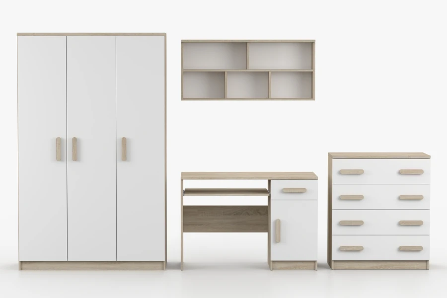 Modernes Möbelset für Jugendzimmer in Weiß und Eiche: Kleiderschrank, Schreibtisch, Kommode und Wandregal.