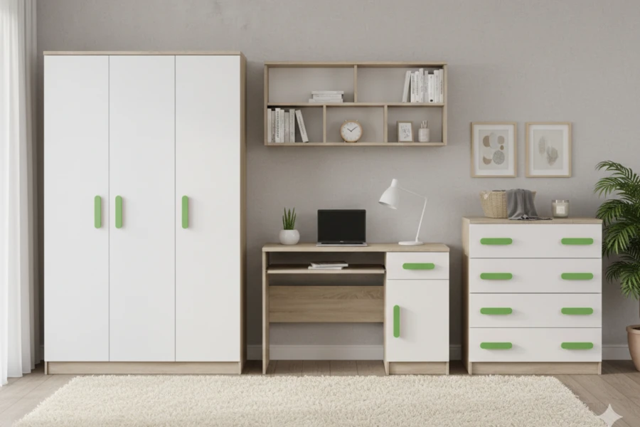 Jugendzimmer Set in Weiß und Eiche mit grünen Griffen, bestehend aus Schrank, Kommode und Schreibtisch.