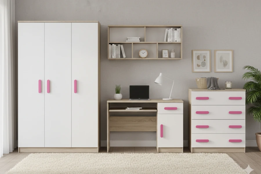 Mädchenzimmer Set in Weiß und Eiche mit pinken Griffen, inklusive Kleiderschrank, Kommode und Schreibtisch.