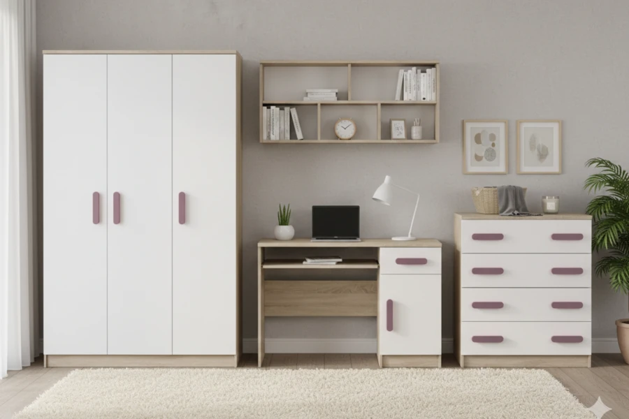 Komplettes Kinderzimmer-Möbelset in Weiß/Eiche-Optik mit rosa Griffen: Schrank, Schreibtisch und Sideboard.