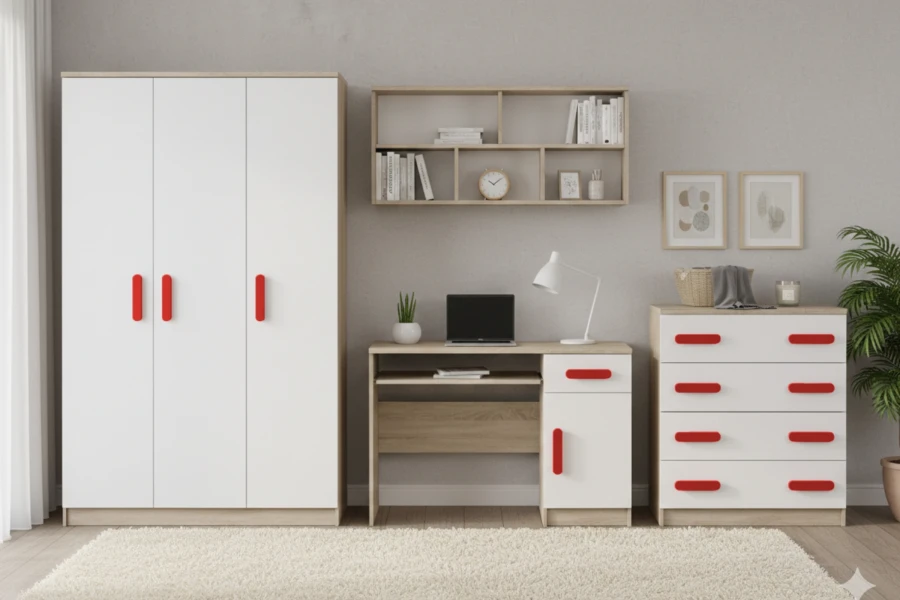 Jugendzimmer-Einrichtung mit roten Akzenten: Weißer Kleiderschrank, Schreibtisch und Kommode in Holzoptik.
