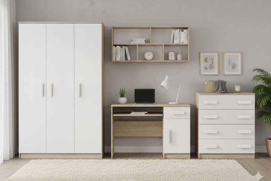 Minimalistisches Jugendzimmer-Set in Weiß und Eiche mit hellen Griffen, inklusive Schreibtisch und Kleiderschrank.