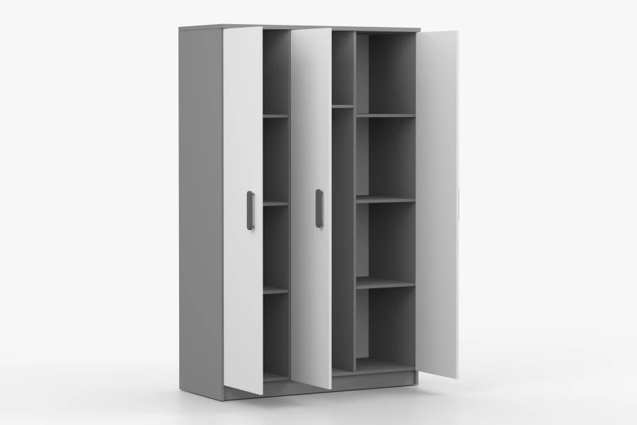 Offener 3-türiger Kleiderschrank in Grau und Weiß mit Einlegeböden und Kleiderstange für optimale Aufbewahrung.