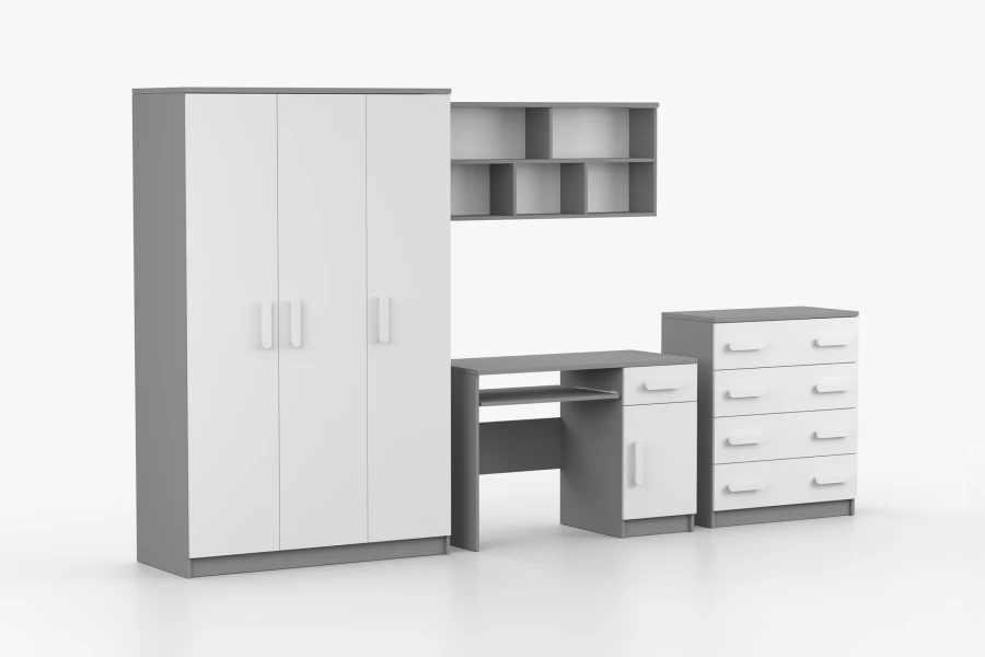 Modernes Kinderzimmer-Möbelset in Grau-Weiß mit weißen Griffen, Kleiderschrank und Schreibtisch.