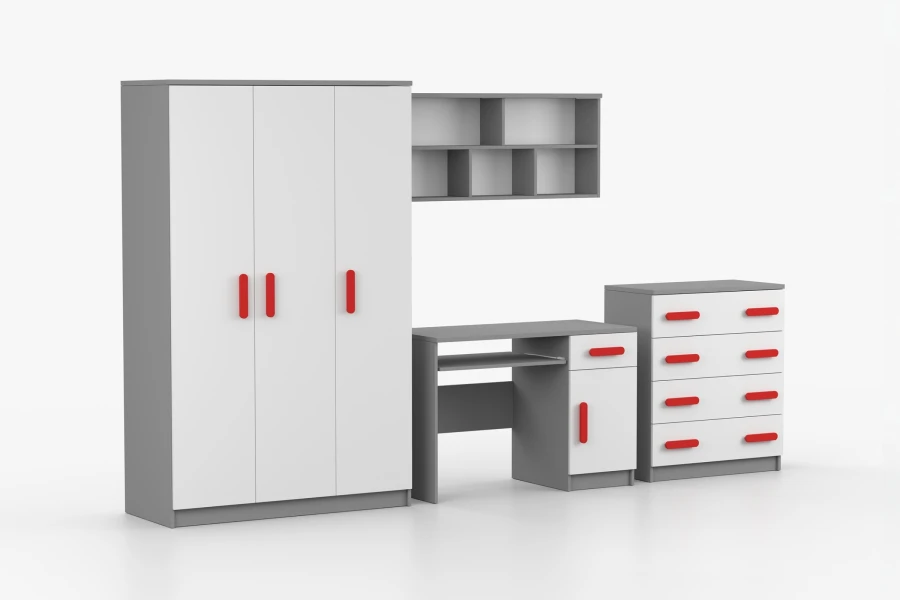Grau-weißes Kinderzimmer-Set mit roten Griffen: Kleiderschrank, Schreibtisch und Kommode.